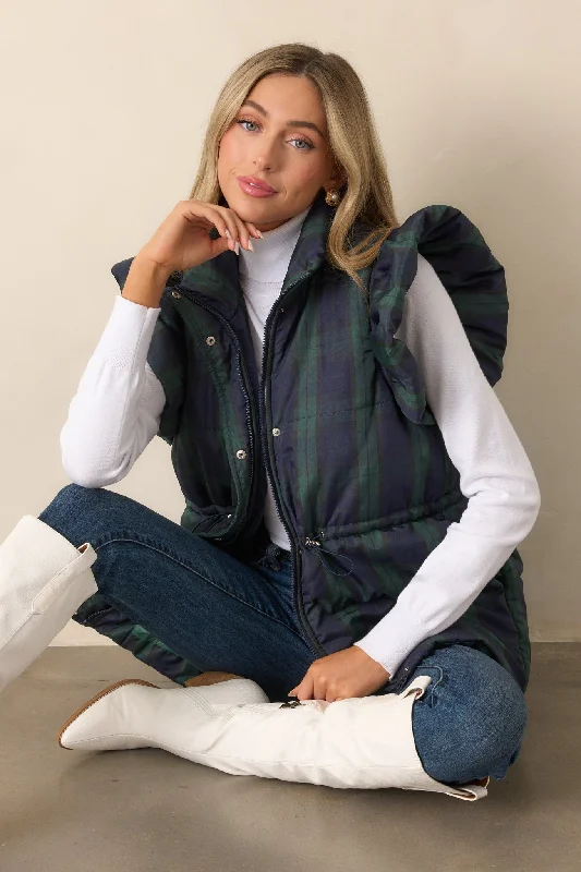 I Found You Navy Plaid Flutter Sleeve Puffer Vest Pastel Wool Vest