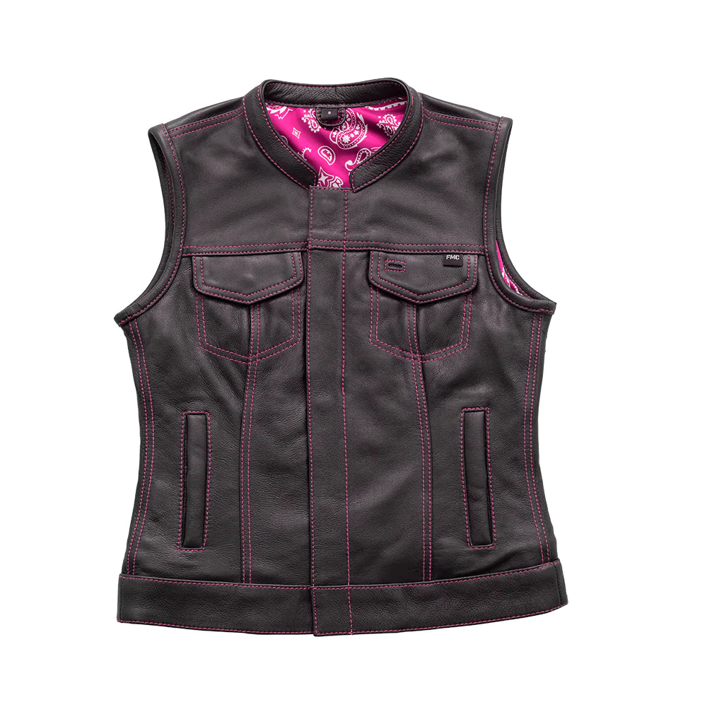 JESSICA - LADIES LEATHER VEST WITH PINK FIL022 Chic Long Vest