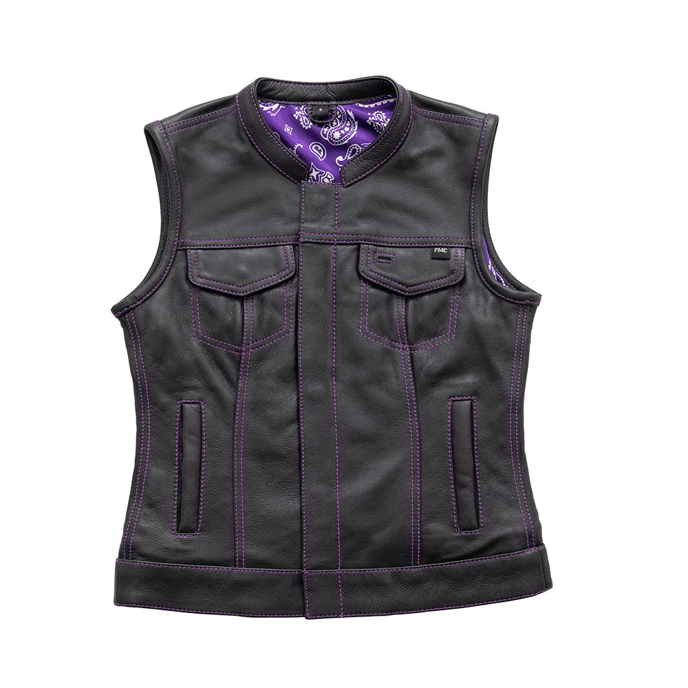 JESSICA - LADIES LEATHER VEST WITH PURPLE FIL021 Elegant Checkered Vest