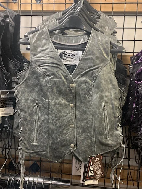 Ladies Distress Grey Leather Vest Plaid Sherpa Vest