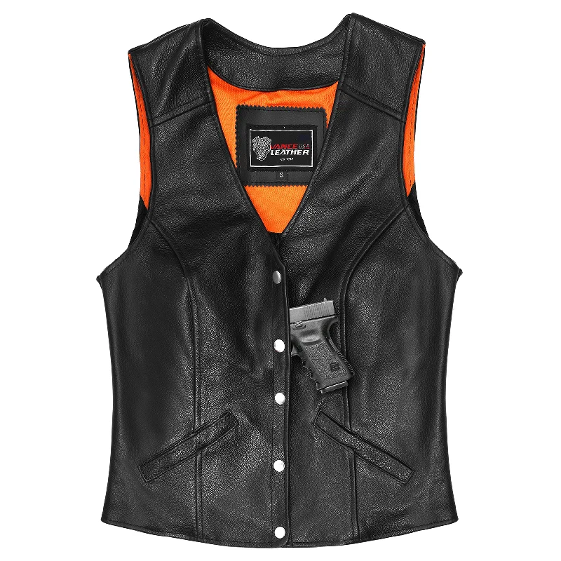 VL1047 Ladies Five Snap Premium Leather Vest Fleece-Lined Vest