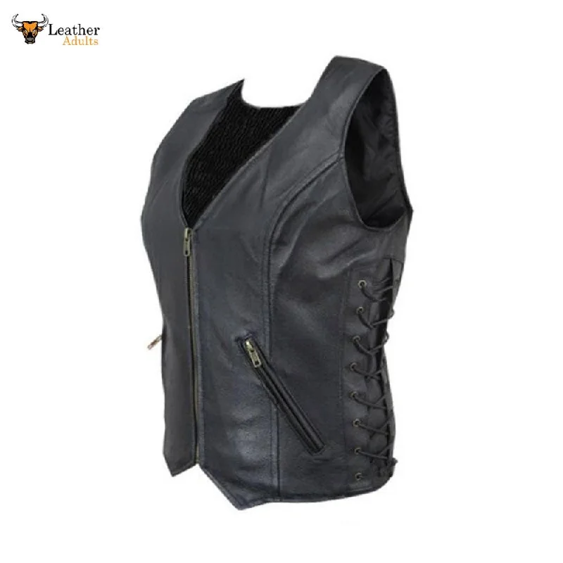 Ladies Genuine Leather Side Laced Waistcoat Vest Sexy Biker Trendy Military Waistcoat Jacket Ladies Genuine Leather Side Laced Waistcoat Vest Sexy Biker Trendy Military Waistcoat Jacket
