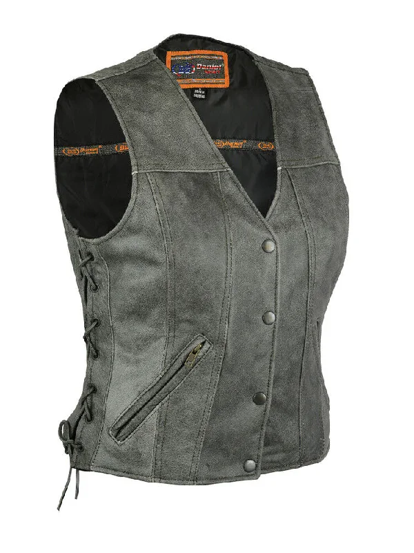 Ladies Gray Single Back Panel Concealed Carry Leather Vest DS205V Warm Fleece Vest