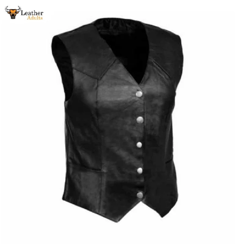 Ladies Soft Black Lambskin Leather Bikers Waistcoat Vest W8 Classic Open-Front Waistcoat