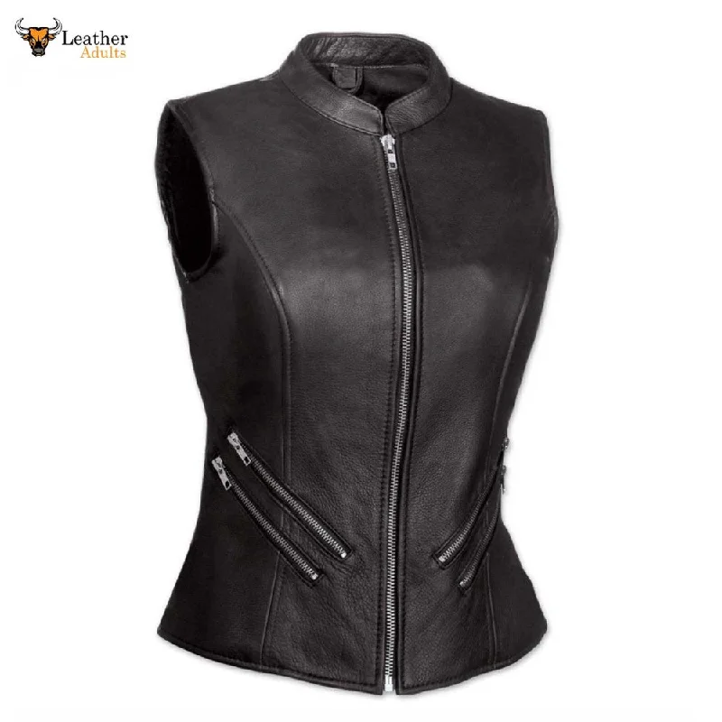 Ladies Soft Black Leather Bikers Waistcoat Vest W9 Chic Fleece Waistcoat Jacket