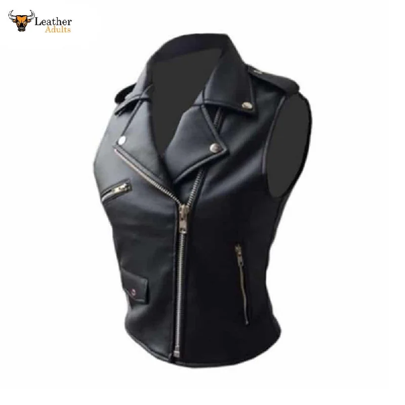 Ladies Soft Black Leather Brando Style Bikers Waistcoat Vest BRANDO LADIES Fashionable Belted Waistcoat Ladies Soft Black Leather Brando Style Bikers Waistcoat Vest BRANDO LADIES Fashionable Belted Waistcoat