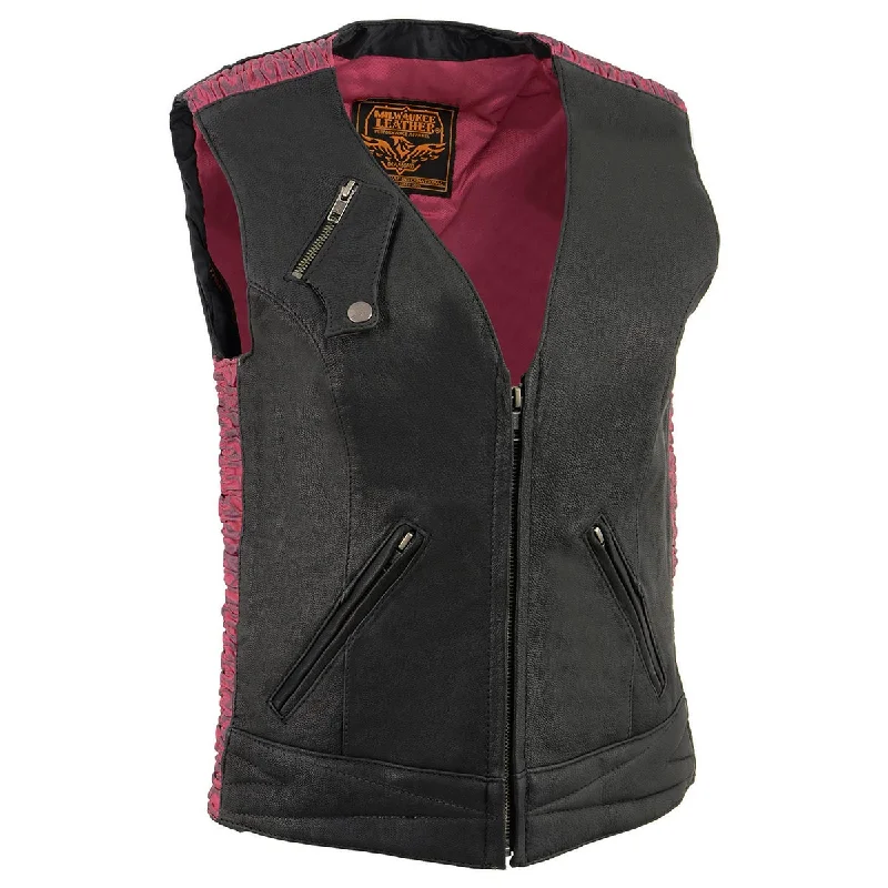 Milwaukee Leather MLL4571 Women's Black and Pink Lightweight Motorcycle Leather Vest w/ Crinkled Leather Design Plush Faux Fur Vest Milwaukee Leather MLL4571 Women's Black and Pink Lightweight Motorcycle Leather Vest w/ Crinkled Leather Design Plush Faux Fur Vest