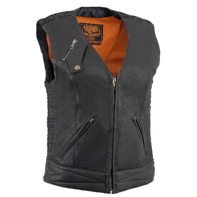Milwaukee Leather MLL4571 Women's Black Lightweight Motorcycle Leather Vest w/ Crinkled Leather Design Sporty Running Vest Milwaukee Leather MLL4571 Women's Black Lightweight Motorcycle Leather Vest w/ Crinkled Leather Design Sporty Running Vest