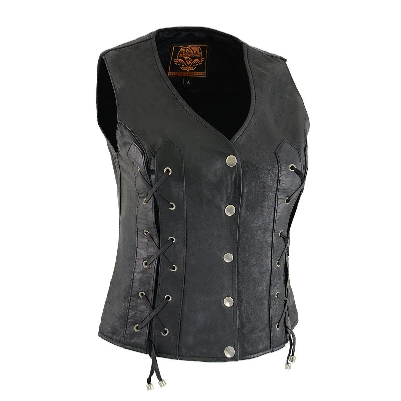 Milwaukee Leather SH1216 Ladies Black Leather Vest with Front Laces Vintage-Inspired Vest Milwaukee Leather SH1216 Ladies Black Leather Vest with Front Laces Vintage-Inspired Vest