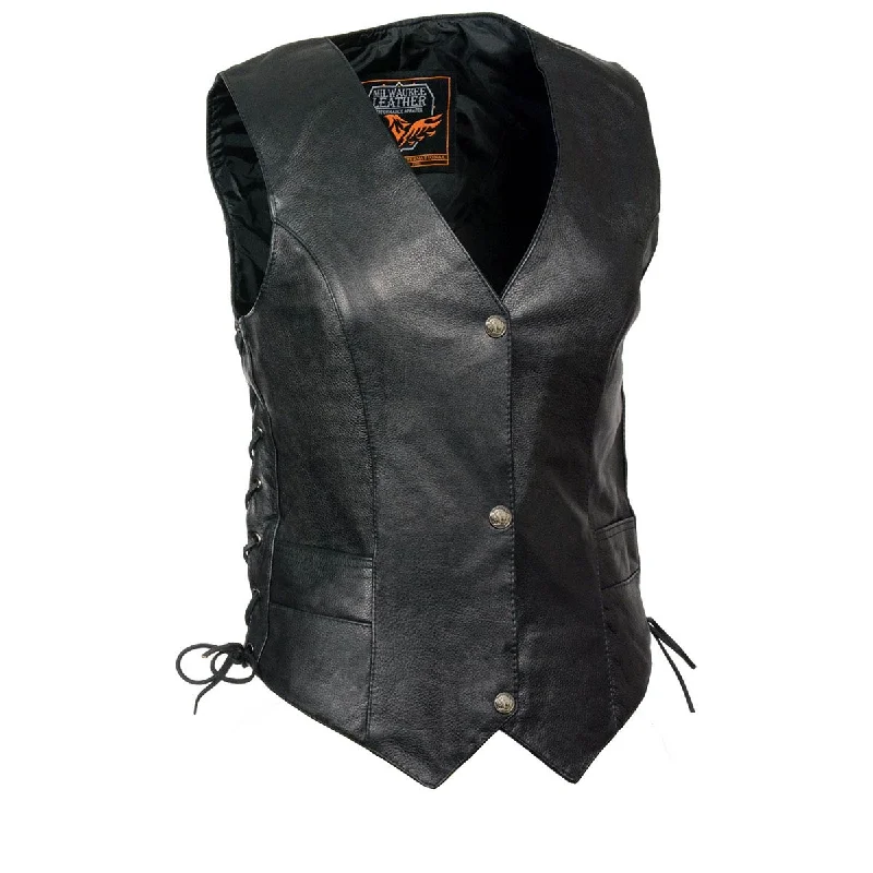 Milwaukee Leather ‘XS1254’ Women's Classic Black 'Buffalo Snap Buttons' Side Lace Leather Vest Fur-Lined Hood Vest Milwaukee Leather ‘XS1254’ Women's Classic Black 'Buffalo Snap Buttons' Side Lace Leather Vest Fur-Lined Hood Vest