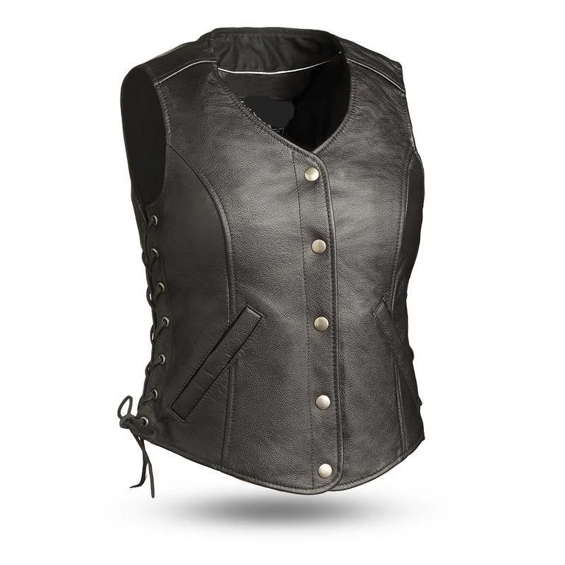 MKL - Cynthia Women's Motorcycle Leather Vest Draped Open Vest