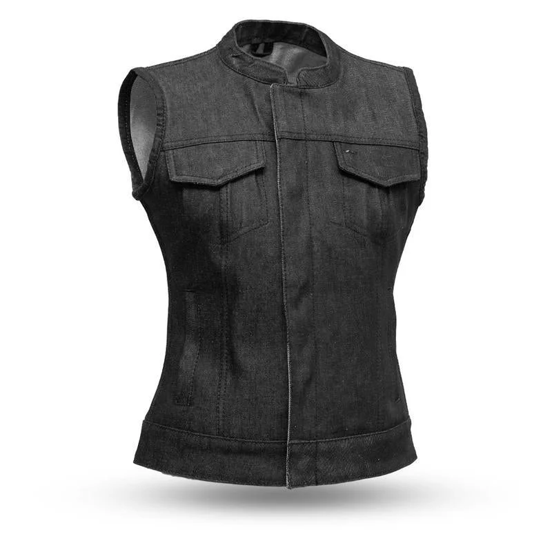MKL - Marvina Denim Women's Motorcycle Leather Vest Structured Blazer Vest