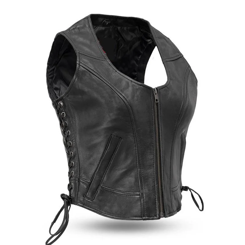 MKL - Zesty Women's Motor Style Leather Vest Warm Fleece Vest