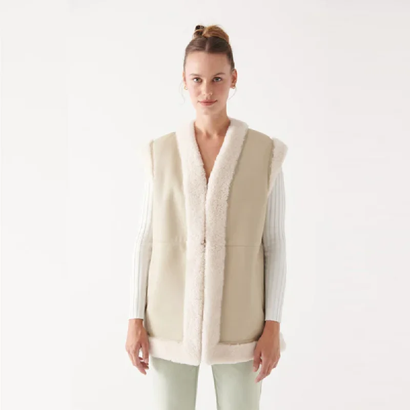 New 2024 Women's Lambskin Shearling Beige Leather Vest Distressed Denim Vest