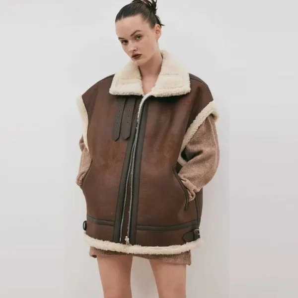 New Chocolate Brown Women's Aviator Sheepskin Leather Vest Chic Faux Suede Vest