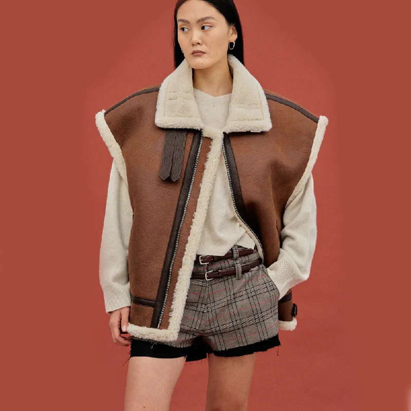 New Sheepskin Brown Women Shearling Aviator Leather Vest Minimalist Wool Vest
