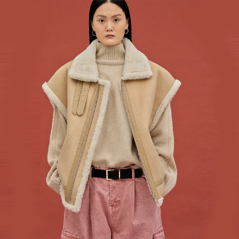 New Sheepskin Shearling  Women Camel Thick Fur Leather Vest Oversized Knit Vest