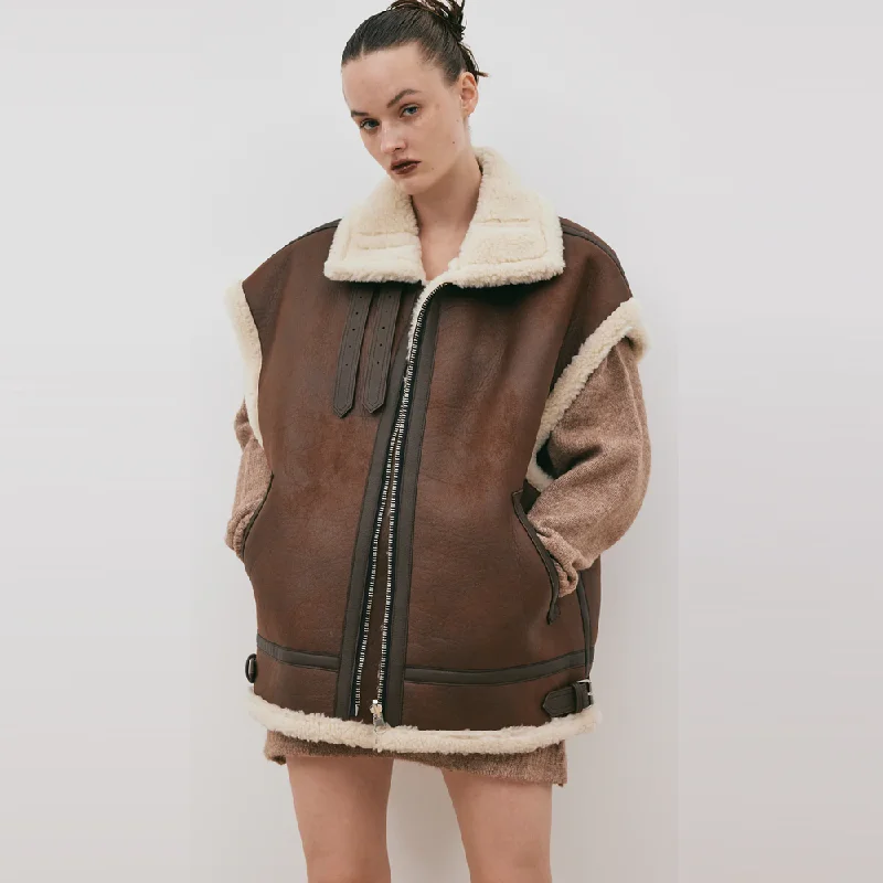 New Women Chocolate Brown Aviator Shearling Leather Vest Padded Quilted Vest