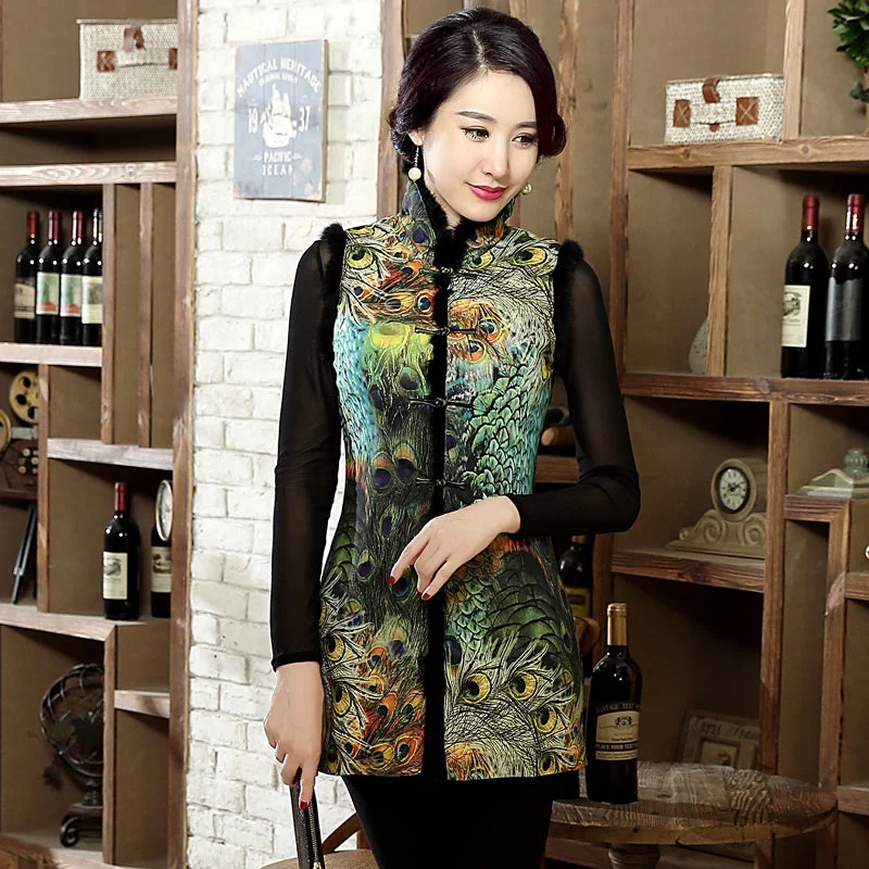 Peacock Feather Pattern Fur Collar & Edge Chinese Style Wadded Waistcoat Vest Elegant Woolen Waistcoat Peacock Feather Pattern Fur Collar & Edge Chinese Style Wadded Waistcoat Vest Elegant Woolen Waistcoat
