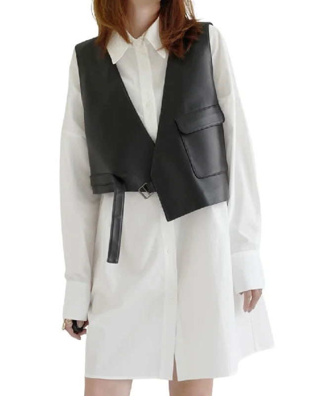 Saphir Black Leather Vest Thick Plush Vest