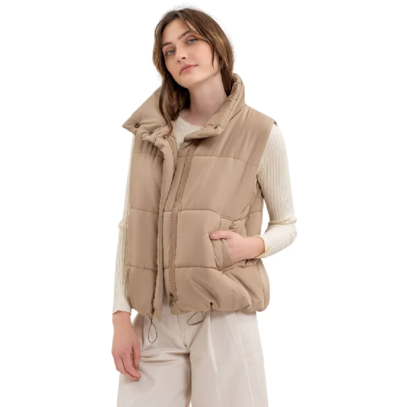 Solid Zip Up Puffer Vest in Mocha Fur-Lined Vest Coat