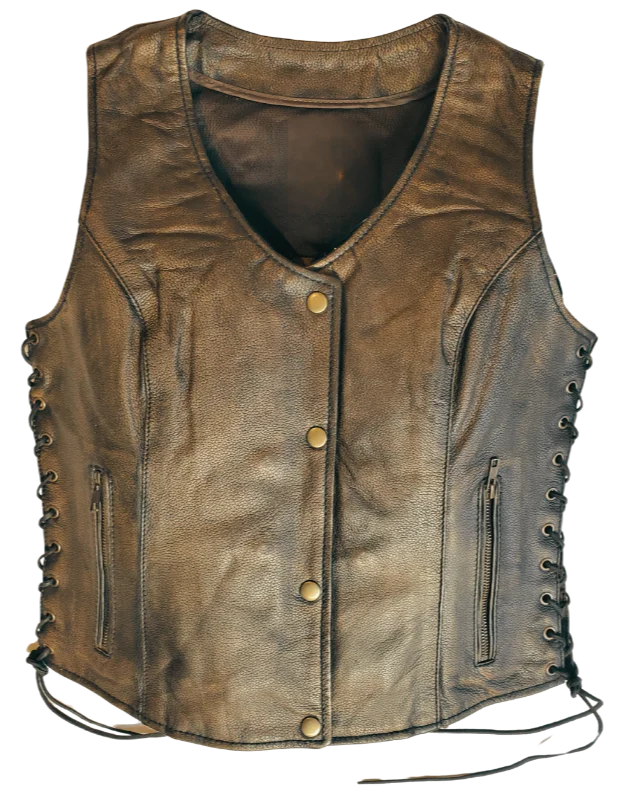 The "Carly" Brown Snap/Zip Leather Vest High-Fashion Vest Coat