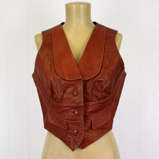 Womens 1970s Brown Leather Vest Soft Velvet Vest