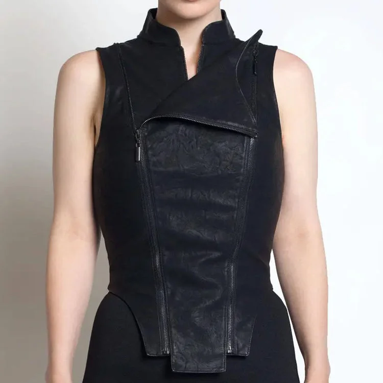 Womens Black Moto Biker Cyberpunk Leather Vest Oversized Knit Vest