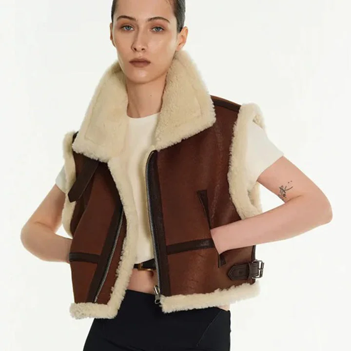 Women's Brown Shearling Aviator Leather Vest Zip-Front Sport Vest