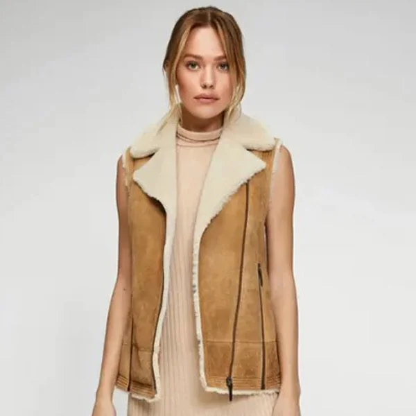 Women's Brown Sheepskin Shearling Leather Vest Fuzzy Layered Vest