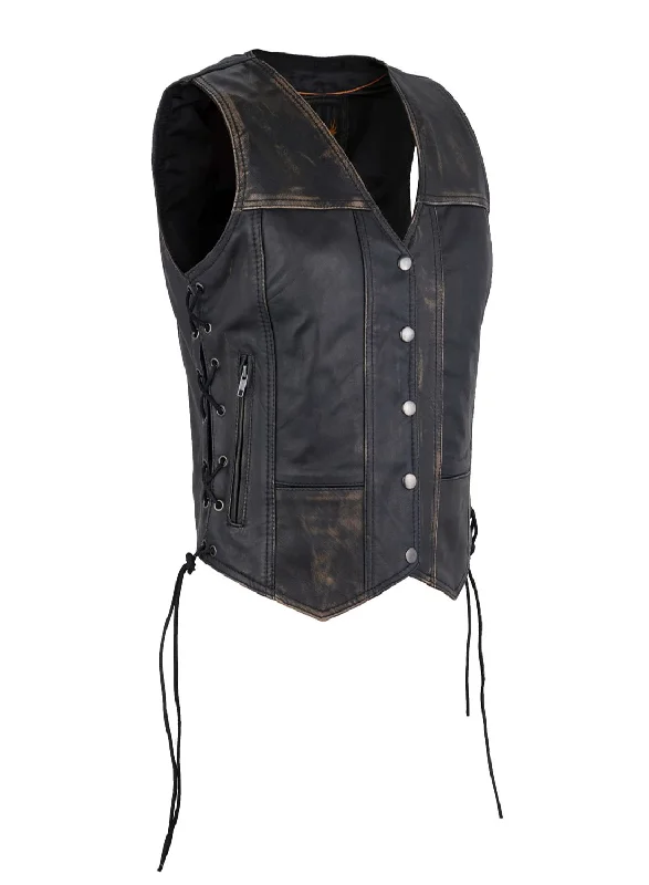 Womens Distressed Brown Naked Cowhide Leather Vest Sleeveless Herringbone Vest