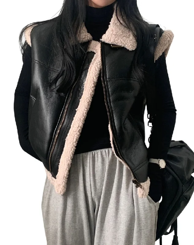 Elegancia Black Leather Vest With Sherpa Cropped Leather Vest