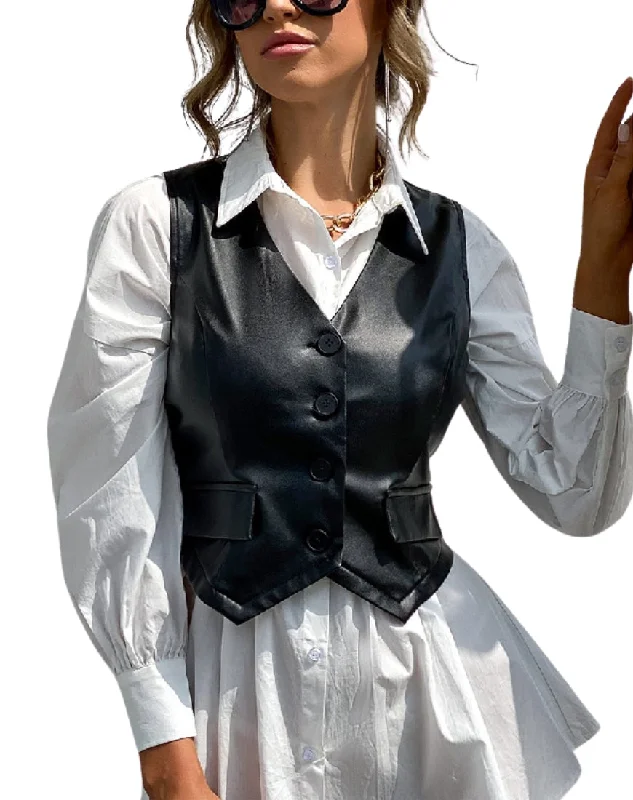 Women's Gracia Black Leather Vest Slim Fit Vest