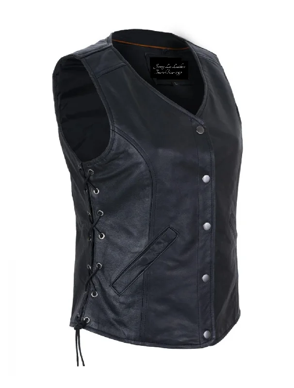 Womens Leather Vest w/ Concealed Carry & Side Laces 5-snaps on front Trendy Belted Vest