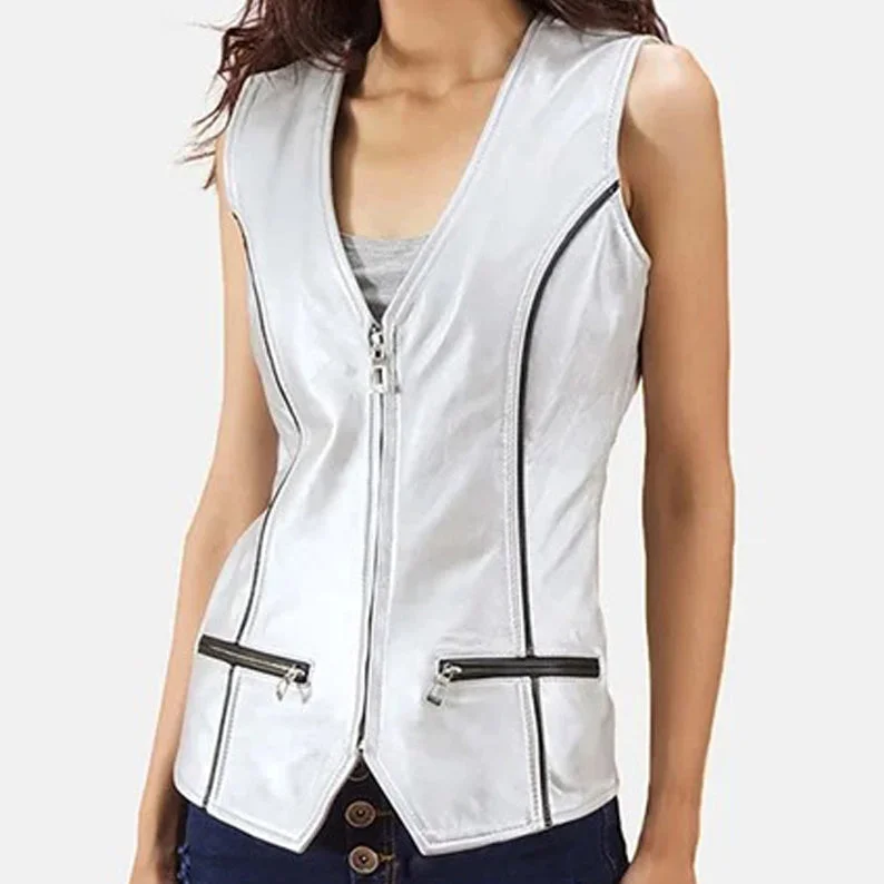 Women's Metalix Silver Leather Vest Sporty Running Vest