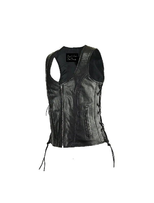 Women's Motorcycle Black Naked Cowhide Leather Vest Structured Blazer Vest