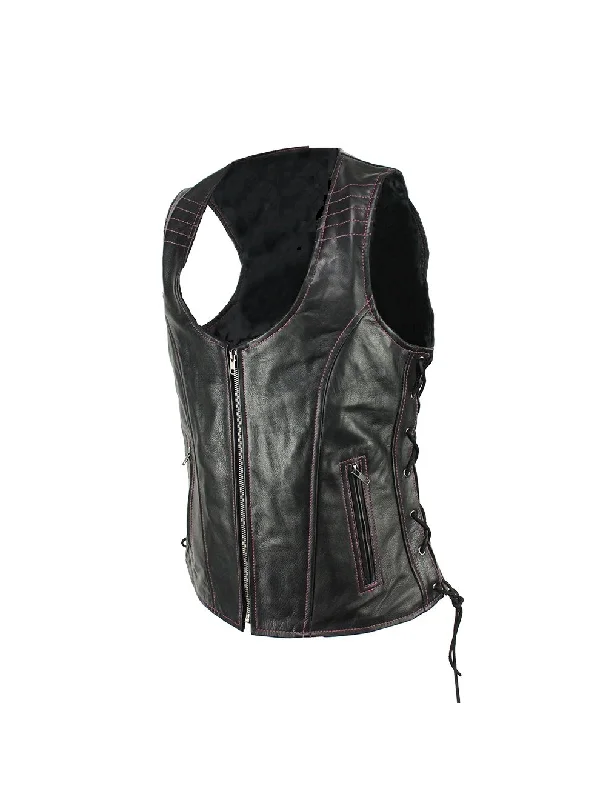 Women's Naked Cowhide Black w/ Pink Stitching Motorcycle Leather vest Sleeveless Overcoat Vest