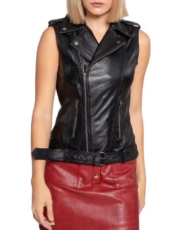 Reina Black Leather Vest Cropped Denim Vest
