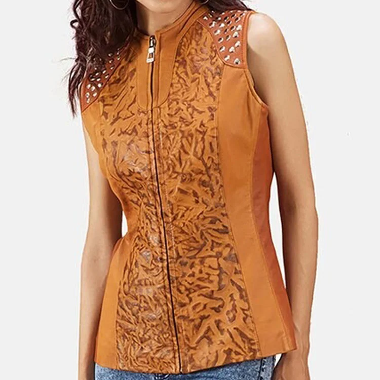 Womens Sheepskin Tan Dye Leather Vest Collared Sleeveless Coat