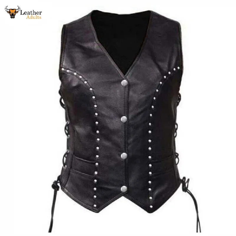 Womens Soft Leather Waistcoat Vest With Detailed Side Lacing Biker Style Vest W10 Elegant Lightweight Waistcoat Womens Soft Leather Waistcoat Vest With Detailed Side Lacing Biker Style Vest W10 Elegant Lightweight Waistcoat