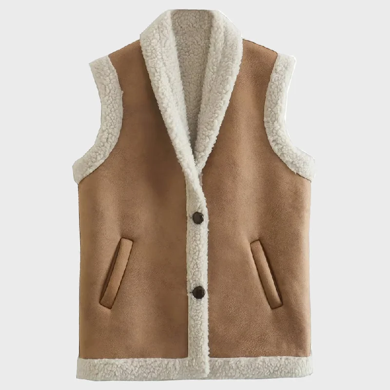 Women's Vintage Sleeveless Shearling Waistcoat with Front Button Fashionable Tailored Waistcoat Vest Women's Vintage Sleeveless Shearling Waistcoat with Front Button Fashionable Tailored Waistcoat Vest