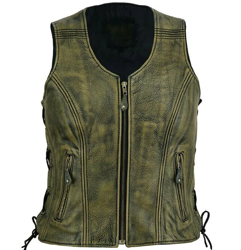Womens Zippered Distressed Brown Classic Motorcycle Leather Vest With Side Laces Vintage-Inspired Vest