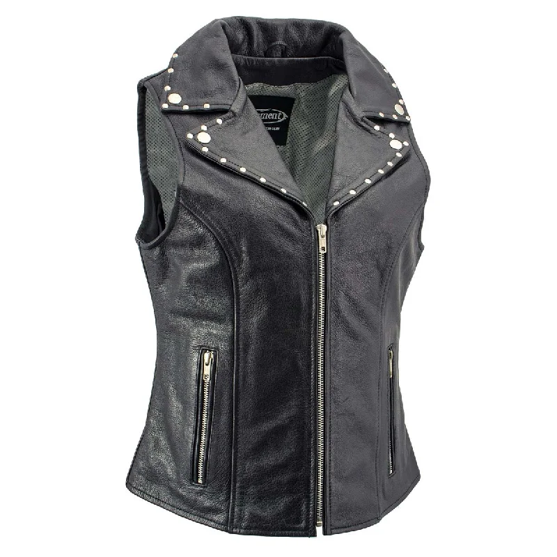 Xelement XS1028 Women's 'Dita' Black Motorcycle Leather Vest with Riveted Lapel Collar Buttoned Business Vest Xelement XS1028 Women's 'Dita' Black Motorcycle Leather Vest with Riveted Lapel Collar Buttoned Business Vest