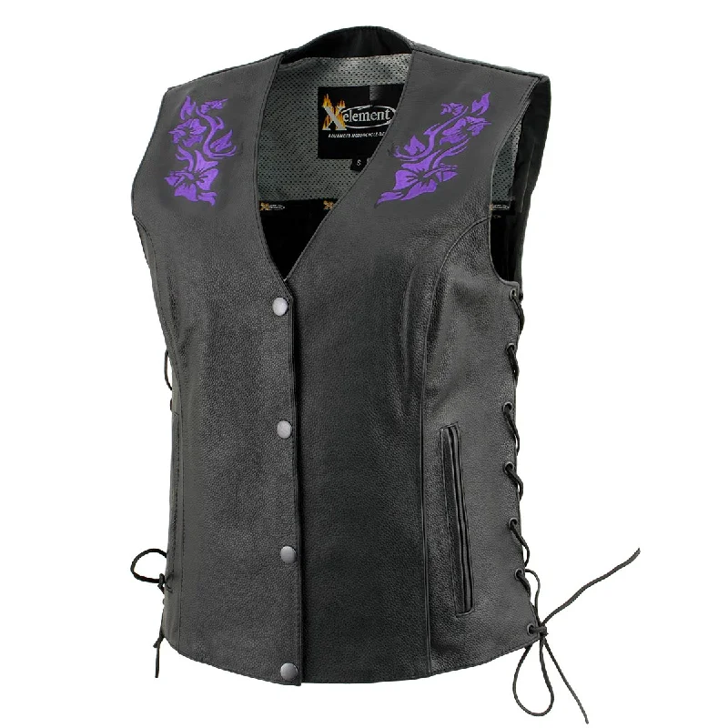 Xelement XS24005 Women's ‘Gemma’ Black and Purple Motorcycle Rider Leather Vest with Side Laces Chic Layered Vest