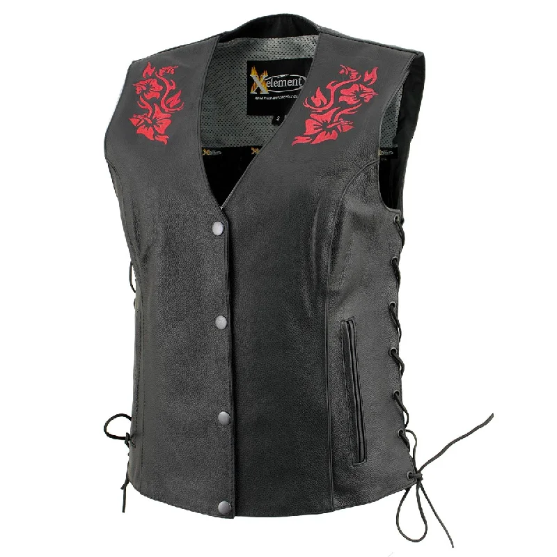 Xelement XS24006 Women's ‘Gemma’ Black and Red Motorcycle Rider Leather Vest with Side Laces Casual Flannel Vest Xelement XS24006 Women's ‘Gemma’ Black and Red Motorcycle Rider Leather Vest with Side Laces Casual Flannel Vest