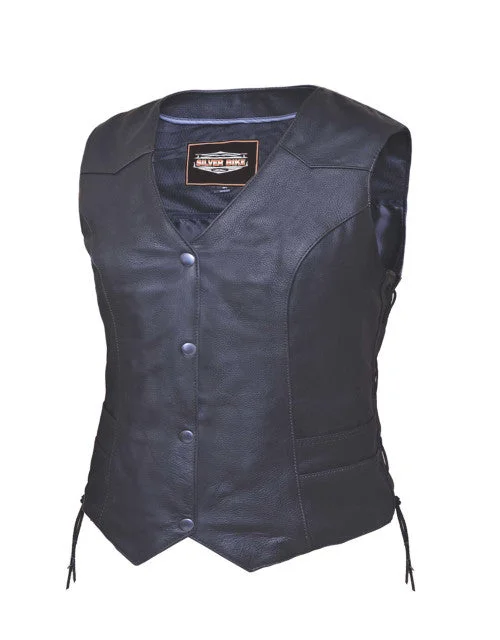Ladies Black Cowhide Leather Vest with Side Lace 7459 Turtleneck Knit Vest
