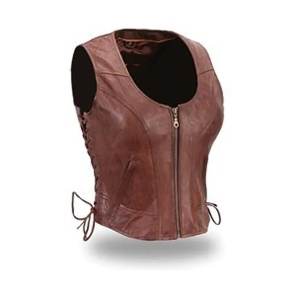 Cognac brown laced leather vest Slim Fit Vest