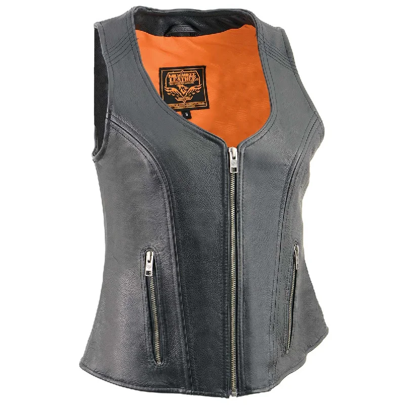 Women's Open Neck Front Zipper Black Leather Vest Winter Layering Vest