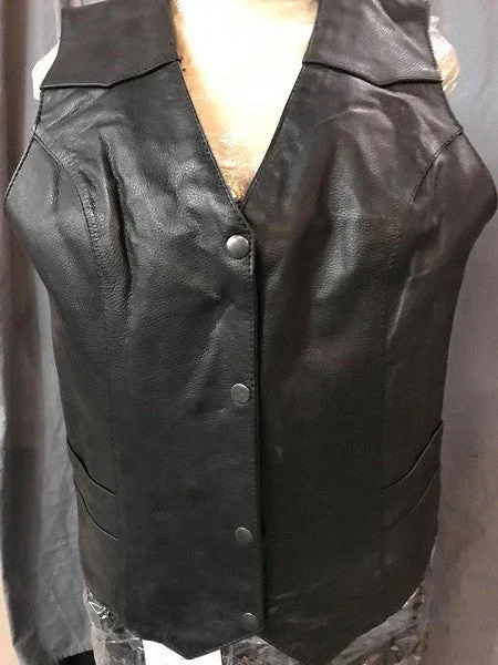 Ladies Plain Side Leather Vest 7458 Fur-Lined Hood Vest