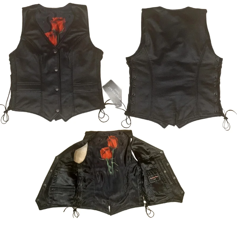 Ladies Black Leather Vest with Red Rose Lining 263 Thick Thermal Vest